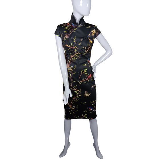 Nuvula Floral Bird Print Chinese Cut Dress Black Zipper Along Back Short Sleeve - Picture 1 of 13